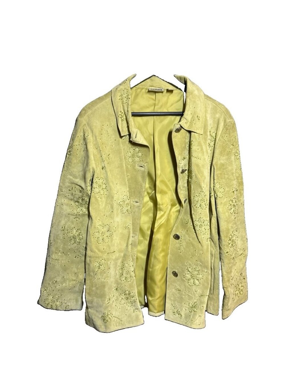 Chicos Suede Jacket Coat Size 3 Green Embroidered Beaded Pockets 100% Leather